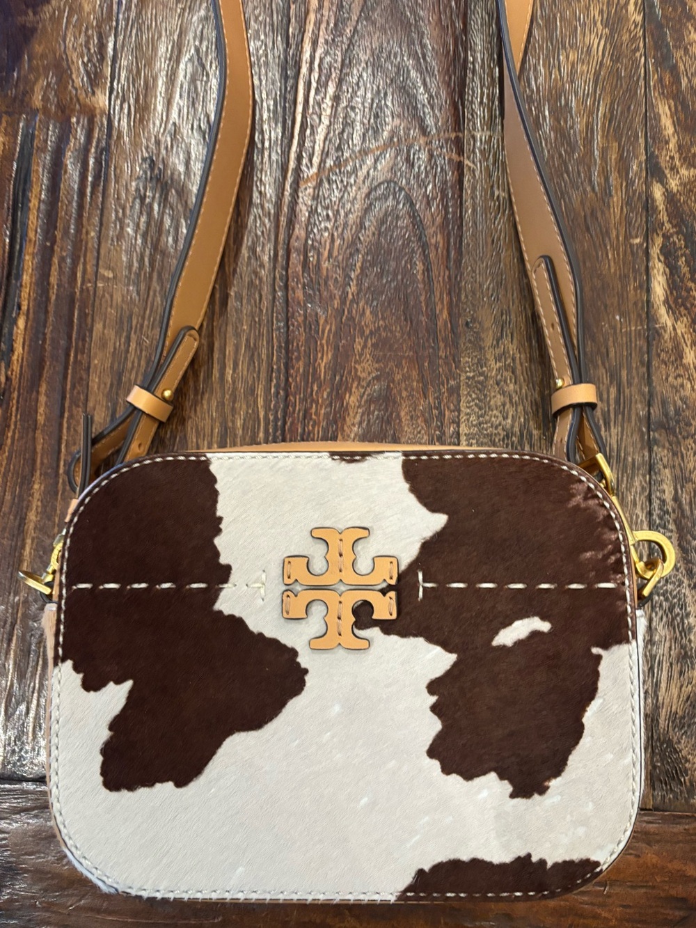 Tory Burch Brown & White Cowhide Logo Crossbody